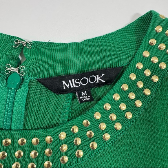 Misook Gold Stud Trimmed Sheath Dress Green Long Sleeve - Picture 3 of 5
